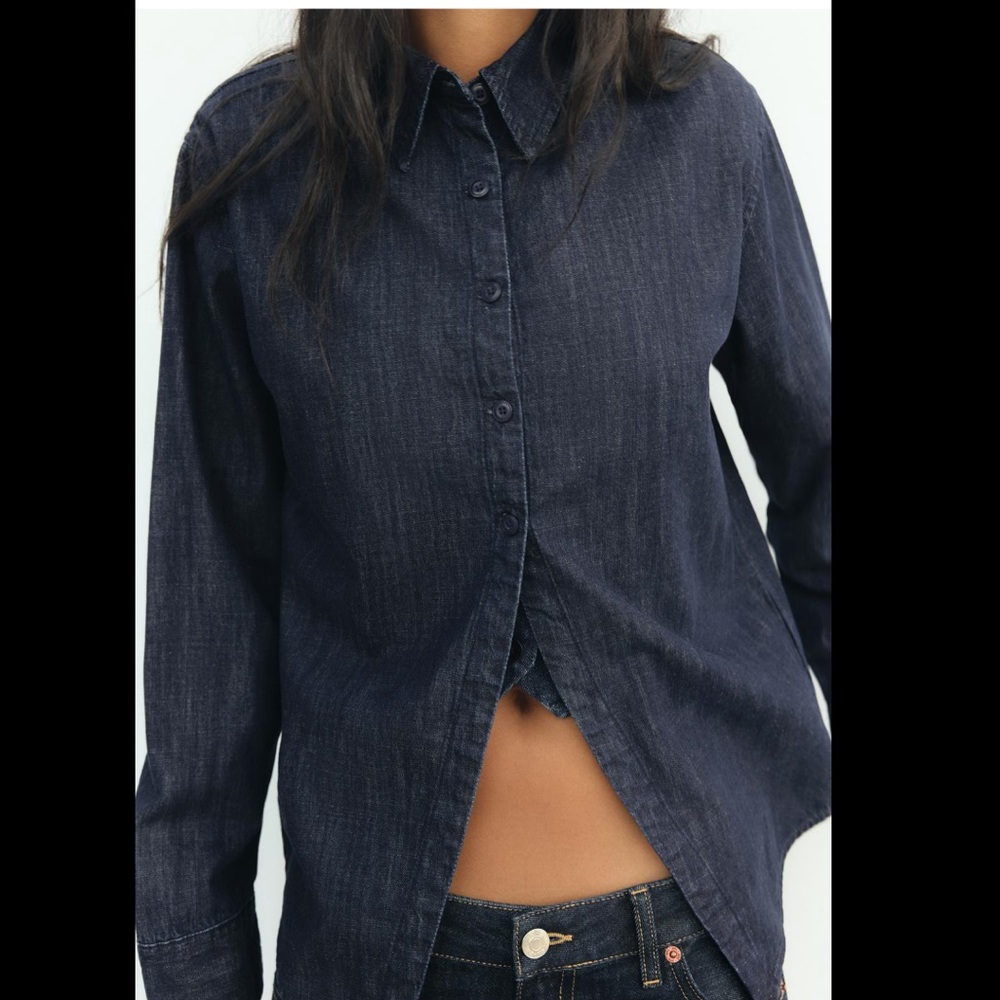 Zara Denim Lapel collar long cuffed sleeves shirt with/back dart and front slit